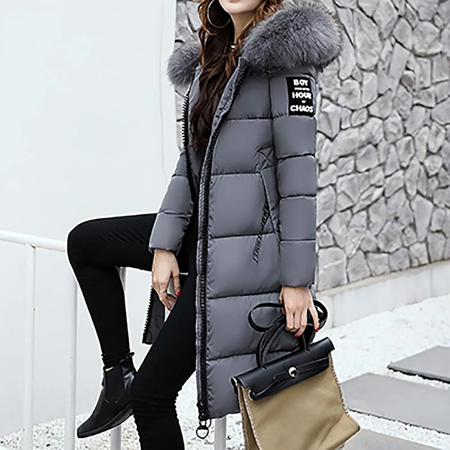 Women Furry Hooded Puffer Jacket Quilted Down Jackets Zip Up Faux Fur Hoodie Coats Long Winter Thick Overcoat