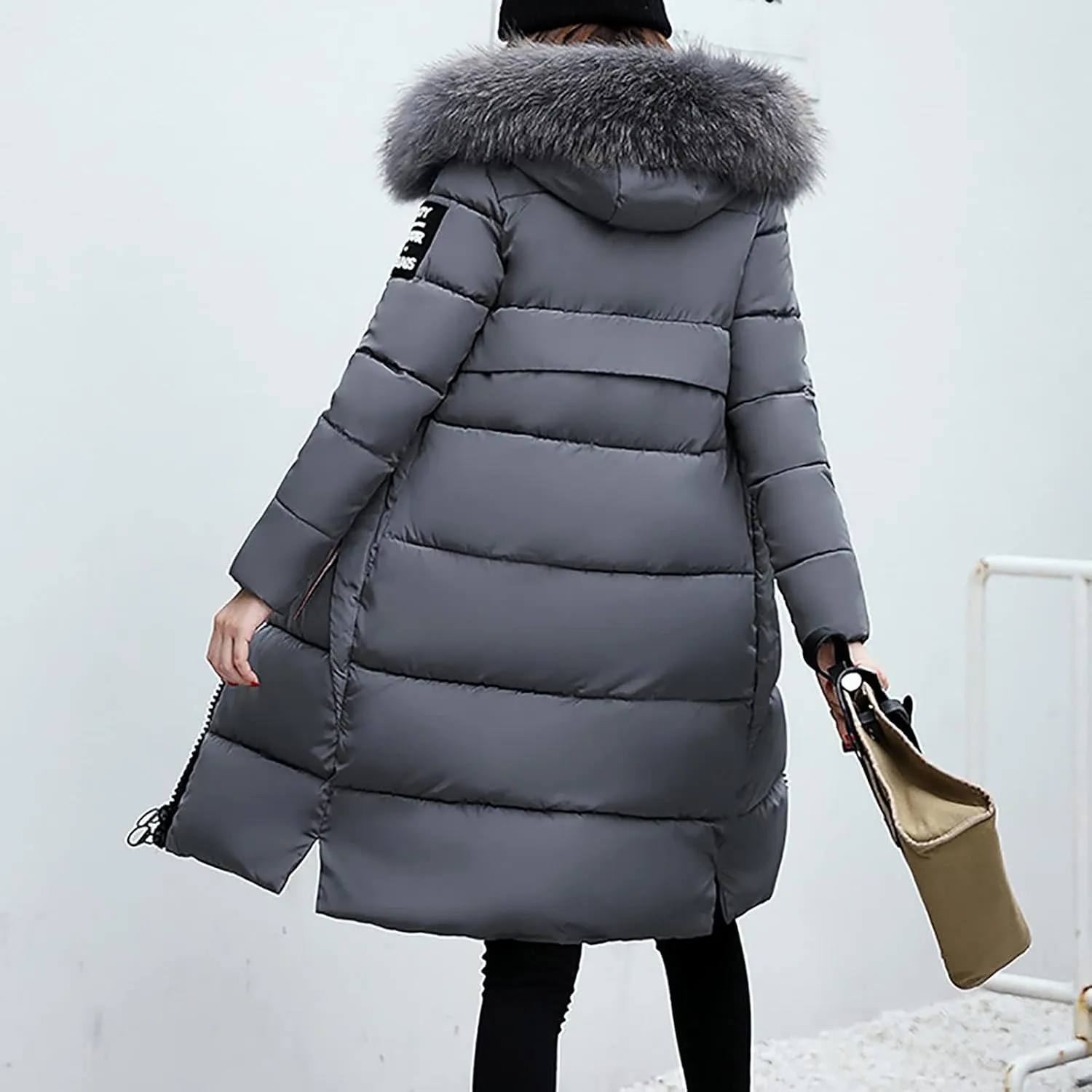 Women Furry Hooded Puffer Jacket Quilted Down Jackets Zip Up Faux Fur Hoodie Coats Long Winter Thick Overcoat