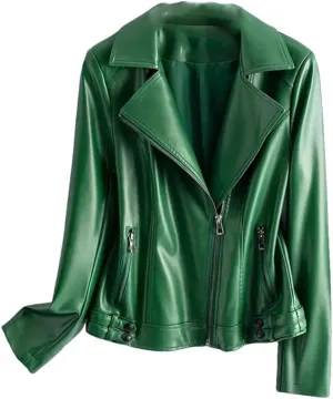 Women Lapel Collar Sleeve Leather Coats Zipper Short Moto Biker Jackets Black Sheepskin Jackets