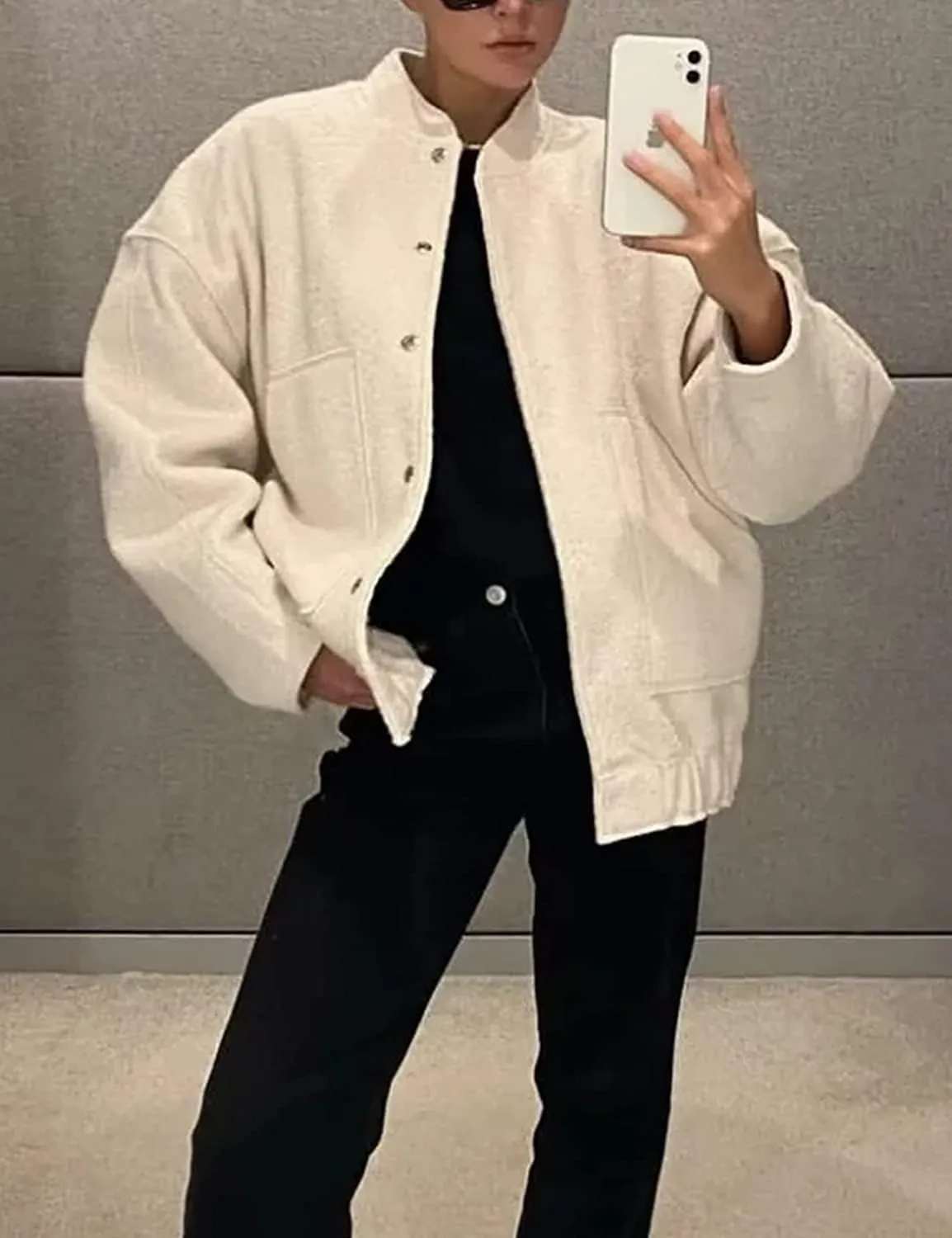 Women Oversized Long Sleeve Shacket Jackets Wool Blend Coat Button Down Outerwear Bomber Jackets