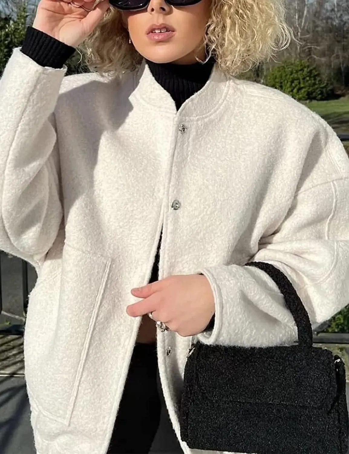 Women Oversized Long Sleeve Shacket Jackets Wool Blend Coat Button Down Outerwear Bomber Jackets