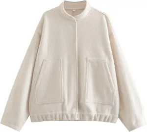 Women Oversized Long Sleeve Shacket Jackets Wool Blend Coat Button Down Outerwear Bomber Jackets