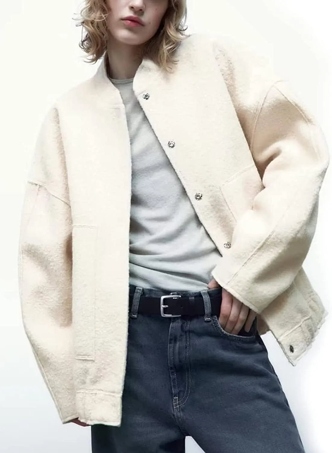 Women Oversized Long Sleeve Shacket Jackets Wool Blend Coat Button Down Outerwear Bomber Jackets