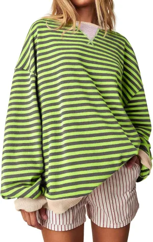 Women Oversized Striped Crewneck Sweatshirt Long Sleeve Color Block Pullover Tops Casual Loose Workout Shirt