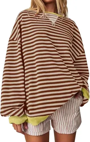 Women Oversized Striped Crewneck Sweatshirt Long Sleeve Color Block Pullover Tops Casual Loose Workout Shirt