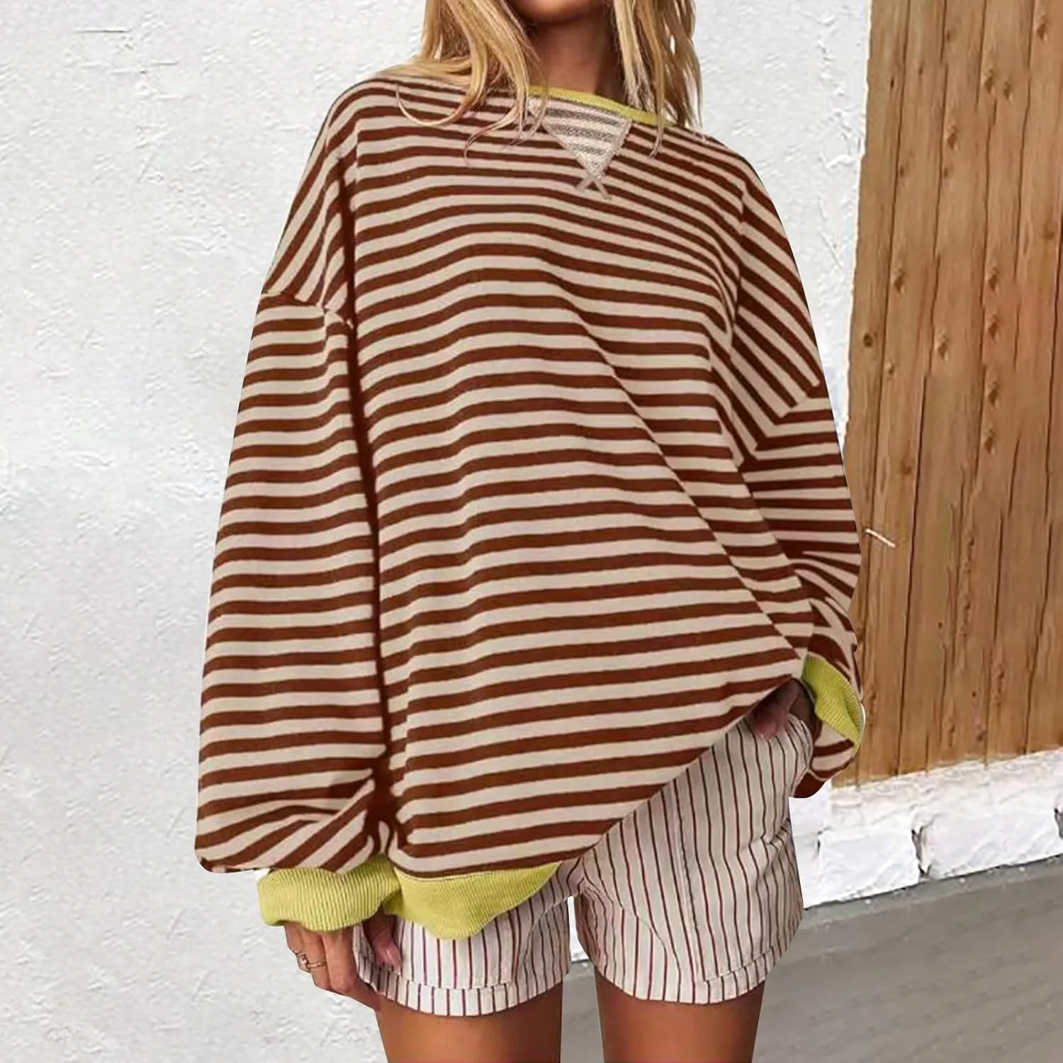 Women Oversized Striped Crewneck Sweatshirt Long Sleeve Color Block Pullover Tops Casual Loose Workout Shirt