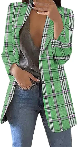 Women Plaid Sweatshirt Blazer Plus Size Notch Lapel Business Work Checkered Suit Jacket Stylish Open Front Cardigan