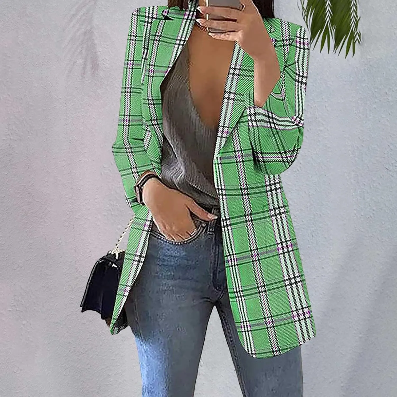 Women Plaid Sweatshirt Blazer Plus Size Notch Lapel Business Work Checkered Suit Jacket Stylish Open Front Cardigan