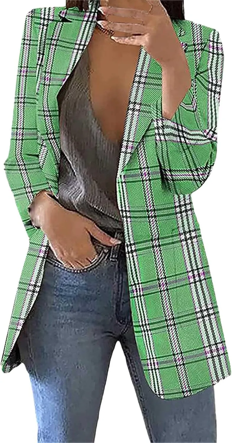 Women Plaid Sweatshirt Blazer Plus Size Notch Lapel Business Work Checkered Suit Jacket Stylish Open Front Cardigan