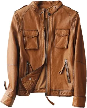 Women Short Long Sleeve Moto Biker Jackets Vintage Brown Slim Real Leather Jackets