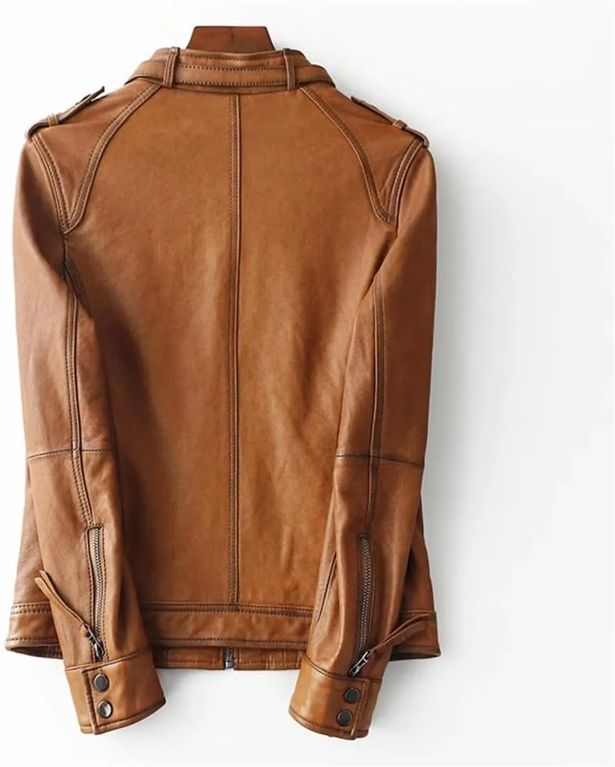 Women Short Long Sleeve Moto Biker Jackets Vintage Brown Slim Real Leather Jackets