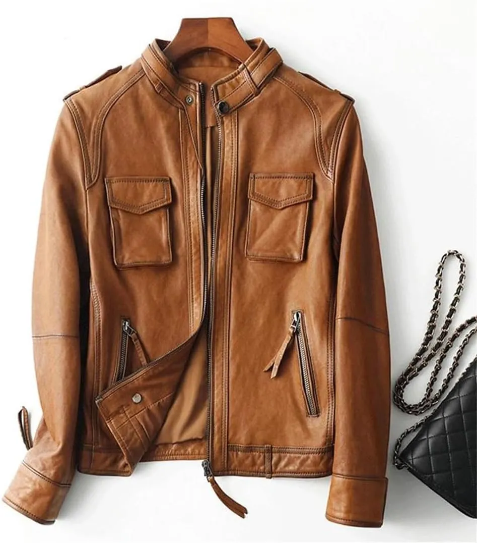 Women Short Long Sleeve Moto Biker Jackets Vintage Brown Slim Real Leather Jackets