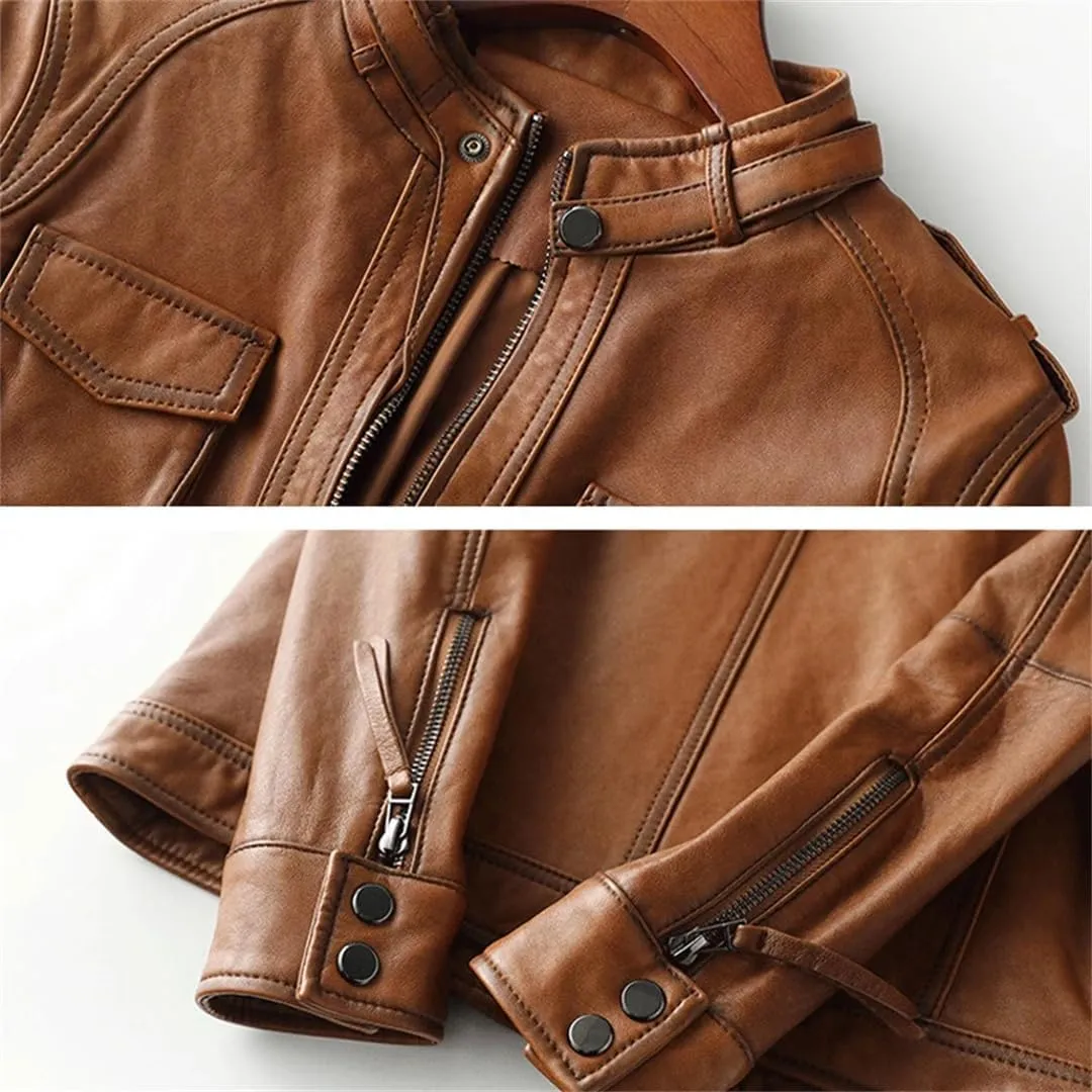 Women Short Long Sleeve Moto Biker Jackets Vintage Brown Slim Real Leather Jackets
