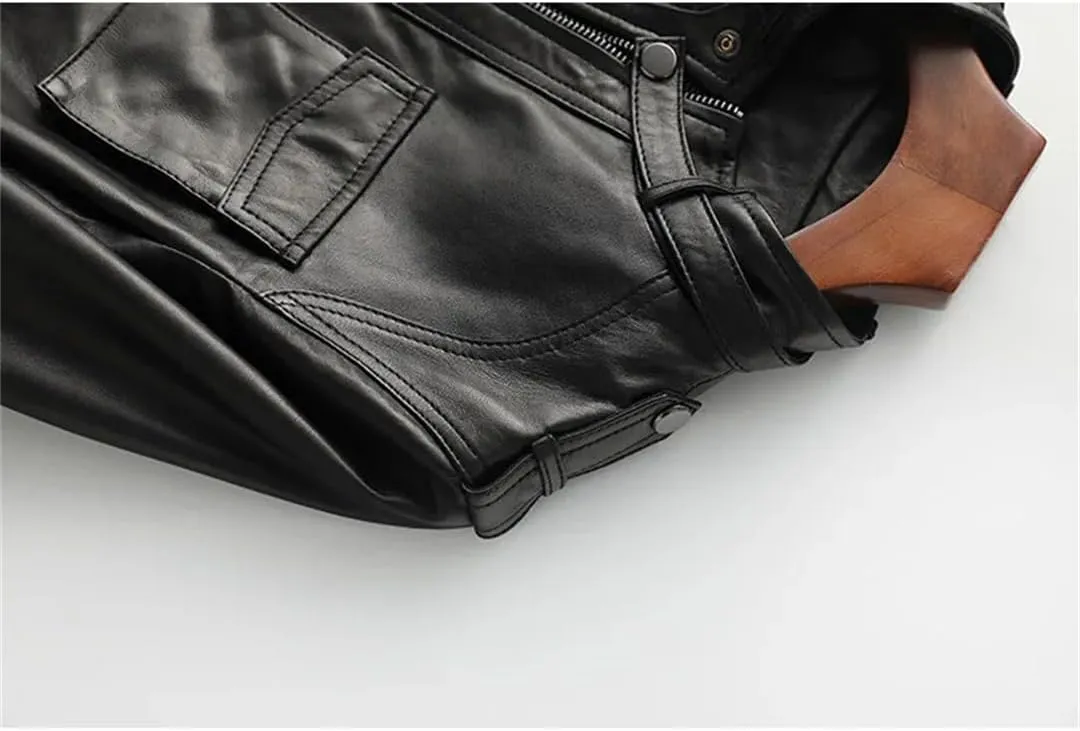 Women Short Long Sleeve Moto Biker Jackets Vintage Brown Slim Real Leather Jackets