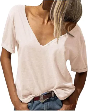 Women Short Sleeve Loose Fit T Shirts Summer Deep V Neck Soft Comfy Basic Tee Tops Casual Lightweight Blouse for Gym Sleep