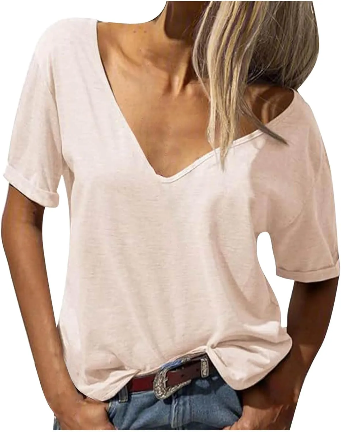 Women Short Sleeve Loose Fit T Shirts Summer Deep V Neck Soft Comfy Basic Tee Tops Casual Lightweight Blouse for Gym Sleep