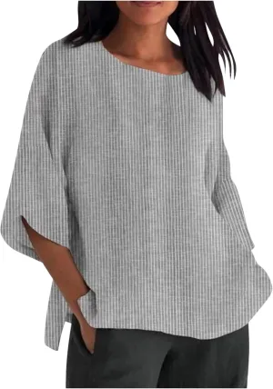 Women Summer Linen Tunic Tops 3/4 Sleeve Solid Color Tees Scoop Neck Lightweight Shirts Plus Size Flowy Blouse