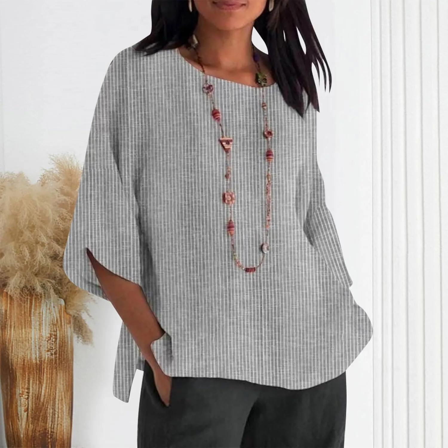 Women Summer Linen Tunic Tops 3/4 Sleeve Solid Color Tees Scoop Neck Lightweight Shirts Plus Size Flowy Blouse