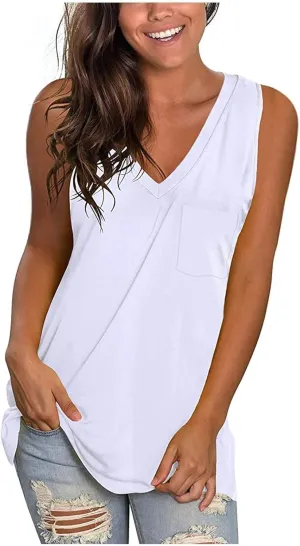 Women Summer V Neck Tank Tops Casual Sleeveless Tee Shirts Loose Fit Tunic Side Split Tshirt Solid Color Basic Tanks