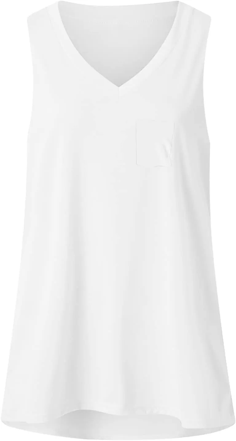 Women Summer V Neck Tank Tops Casual Sleeveless Tee Shirts Loose Fit Tunic Side Split Tshirt Solid Color Basic Tanks