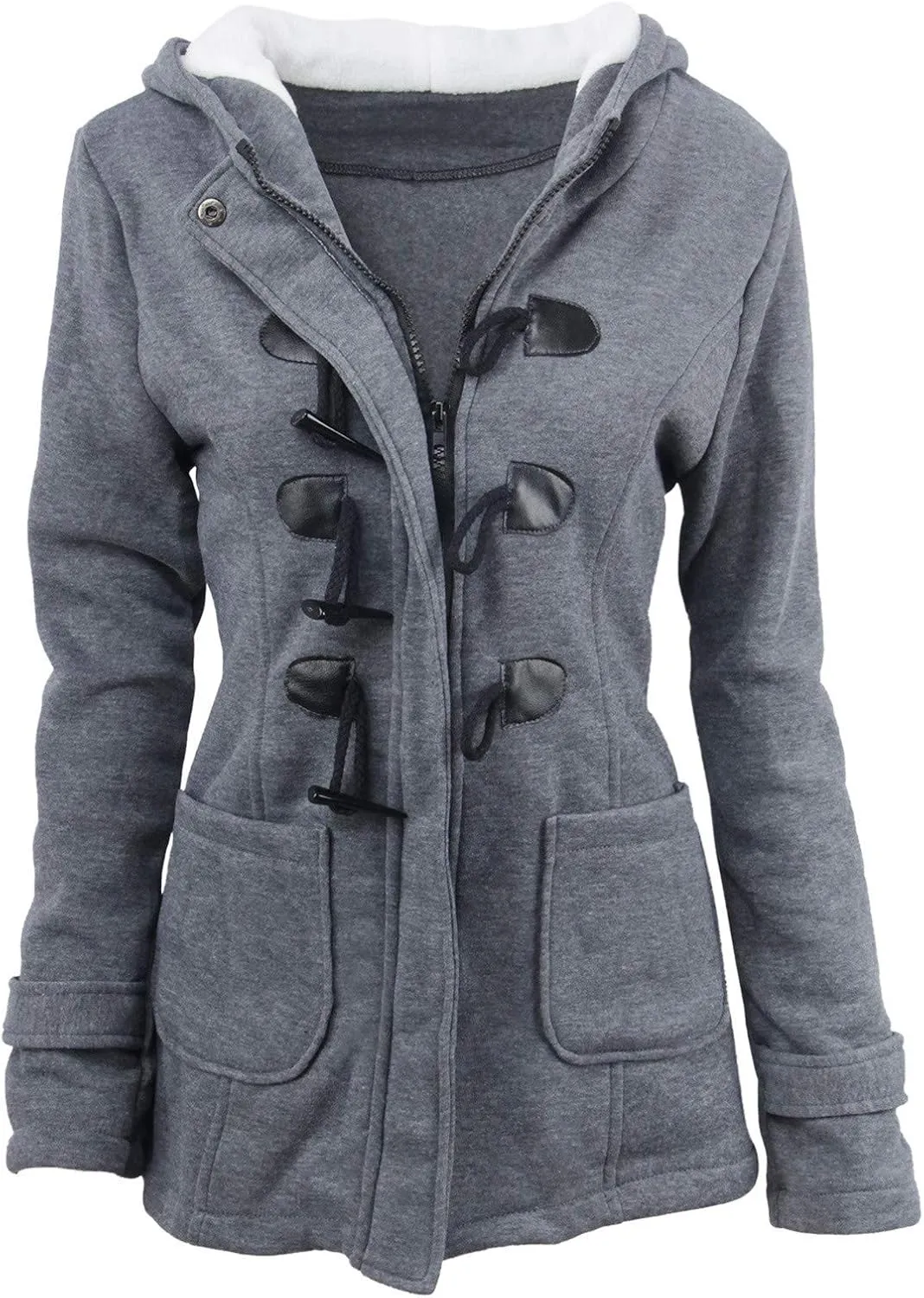 Women Trendy Horn Buttons Jackets Casual Fall Winter Coats Outwear Padded Hooded Parka Jacket Plain Overcoat
