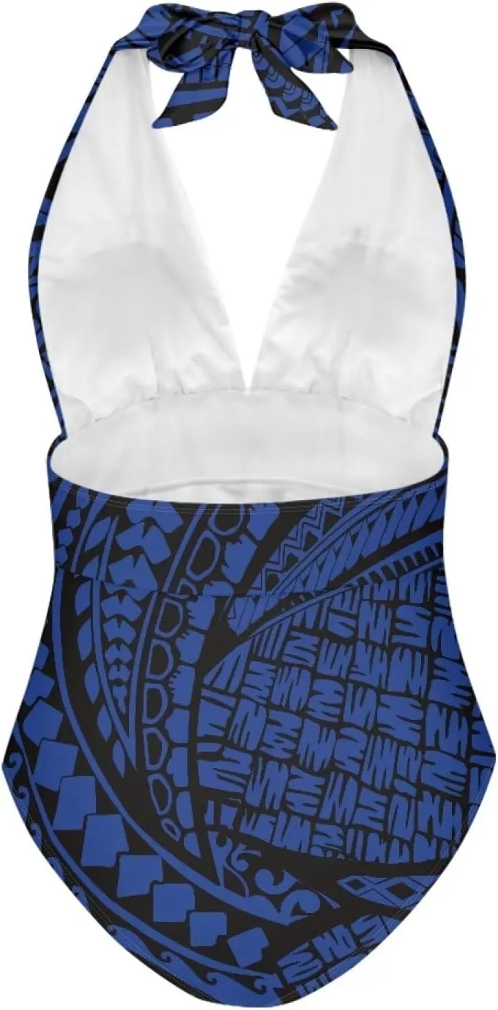 Women Tummy Control Bathing Suits Halter One Piece Swimsuits Polynesian Print Halter Push Up Bathing Suits