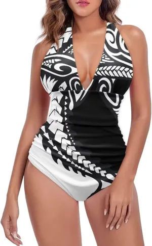 Women Tummy Control Bathing Suits Halter One Piece Swimsuits Polynesian Print Halter Push Up Bathing Suits