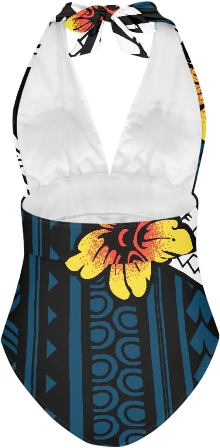 Women Tummy Control Bathing Suits Halter One Piece Swimsuits Polynesian Print Halter Push Up Bathing Suits