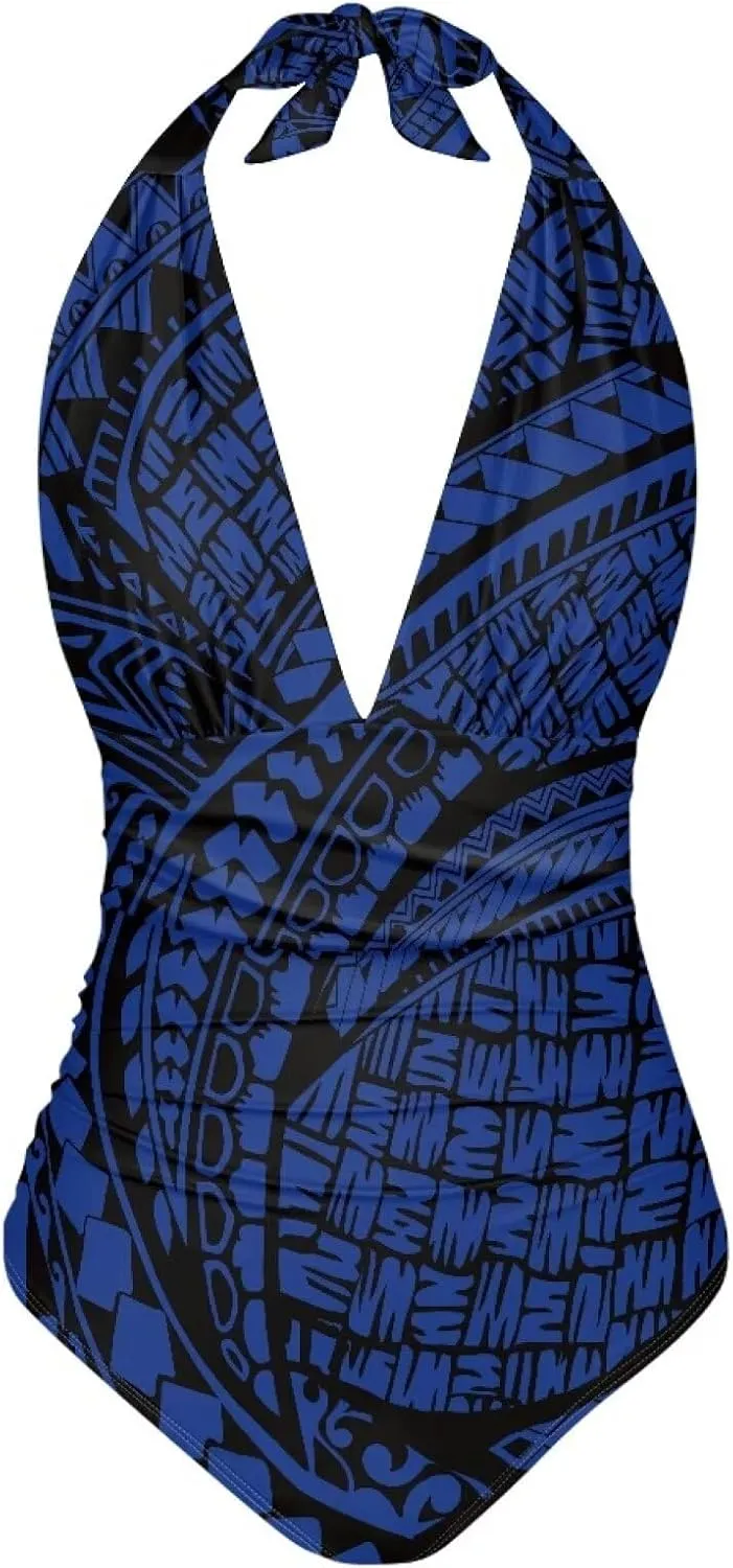 Women Tummy Control Bathing Suits Halter One Piece Swimsuits Polynesian Print Halter Push Up Bathing Suits