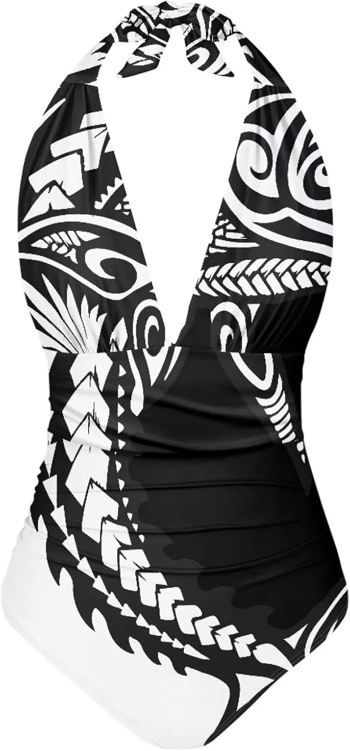 Women Tummy Control Bathing Suits Halter One Piece Swimsuits Polynesian Print Halter Push Up Bathing Suits