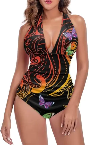 Women Tummy Control Bathing Suits Halter One Piece Swimsuits Polynesian Print Halter Push Up Bathing Suits