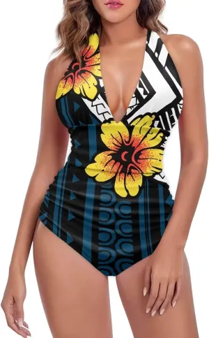 Women Tummy Control Bathing Suits Halter One Piece Swimsuits Polynesian Print Halter Push Up Bathing Suits
