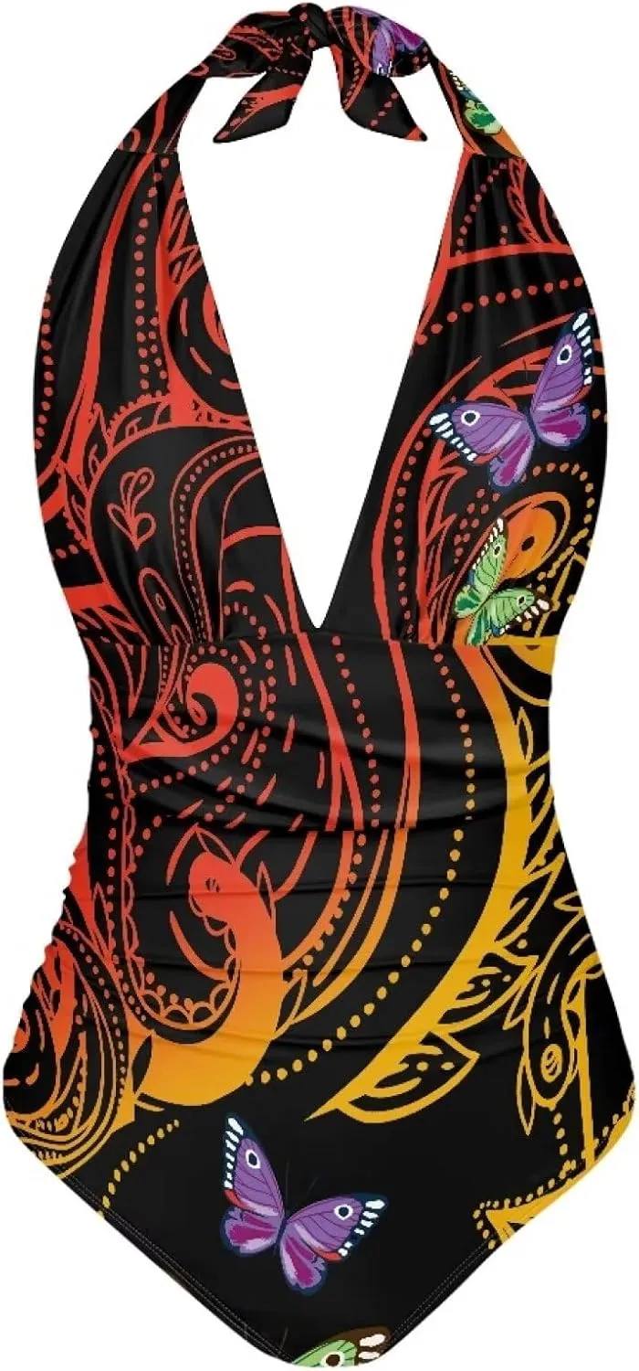 Women Tummy Control Bathing Suits Halter One Piece Swimsuits Polynesian Print Halter Push Up Bathing Suits