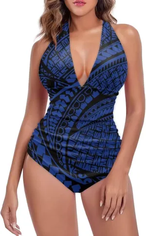 Women Tummy Control Bathing Suits Halter One Piece Swimsuits Polynesian Print Halter Push Up Bathing Suits