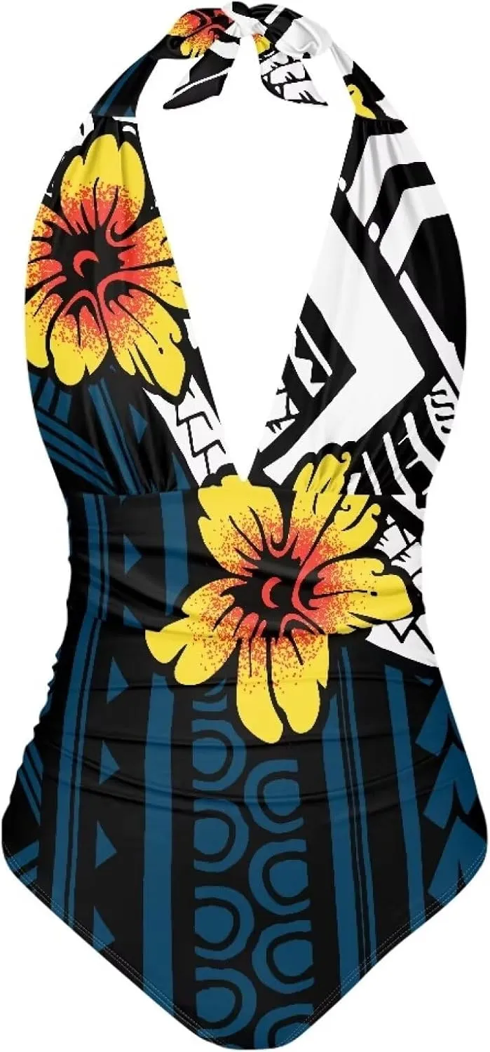 Women Tummy Control Bathing Suits Halter One Piece Swimsuits Polynesian Print Halter Push Up Bathing Suits