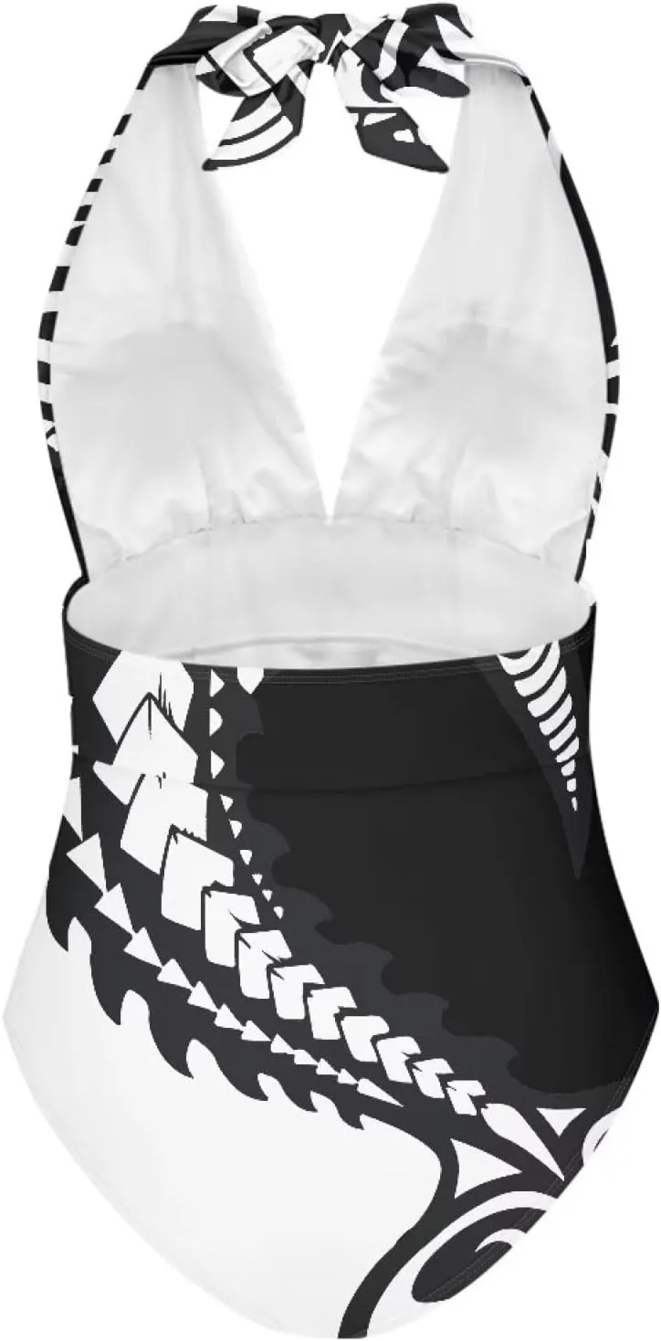 Women Tummy Control Bathing Suits Halter One Piece Swimsuits Polynesian Print Halter Push Up Bathing Suits