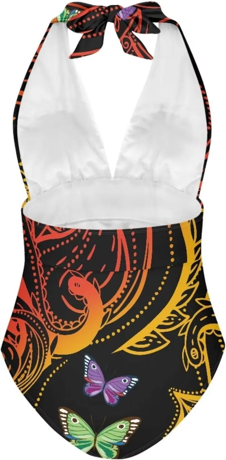 Women Tummy Control Bathing Suits Halter One Piece Swimsuits Polynesian Print Halter Push Up Bathing Suits