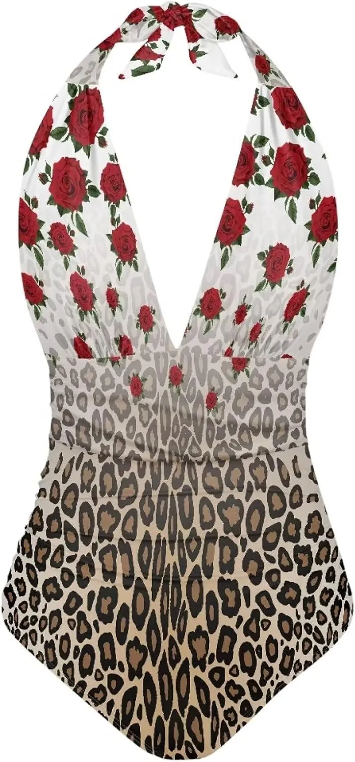 Women Tummy Control Bathing Suits Halter One Piece Swimsuits Push Up Bathingsuits Padded Swim Suits Leopard Print