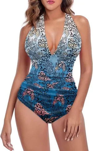 Women Tummy Control Bathing Suits Halter One Piece Swimsuits Push Up Bathingsuits Padded Swim Suits Leopard Print