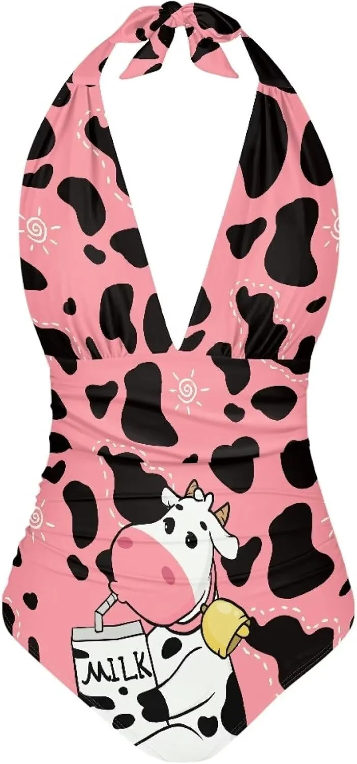 Women Tummy Control Bathing Suits Halter One Piece Swimsuits Push Up Bathingsuits Padded Swim Suits Leopard Print
