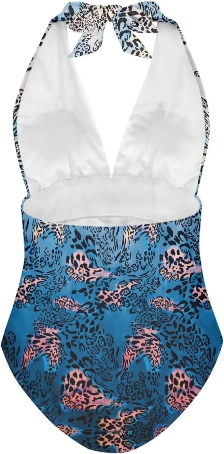 Women Tummy Control Bathing Suits Halter One Piece Swimsuits Push Up Bathingsuits Padded Swim Suits Leopard Print