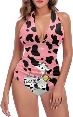 Women Tummy Control Bathing Suits Halter One Piece Swimsuits Push Up Bathingsuits Padded Swim Suits Leopard Print