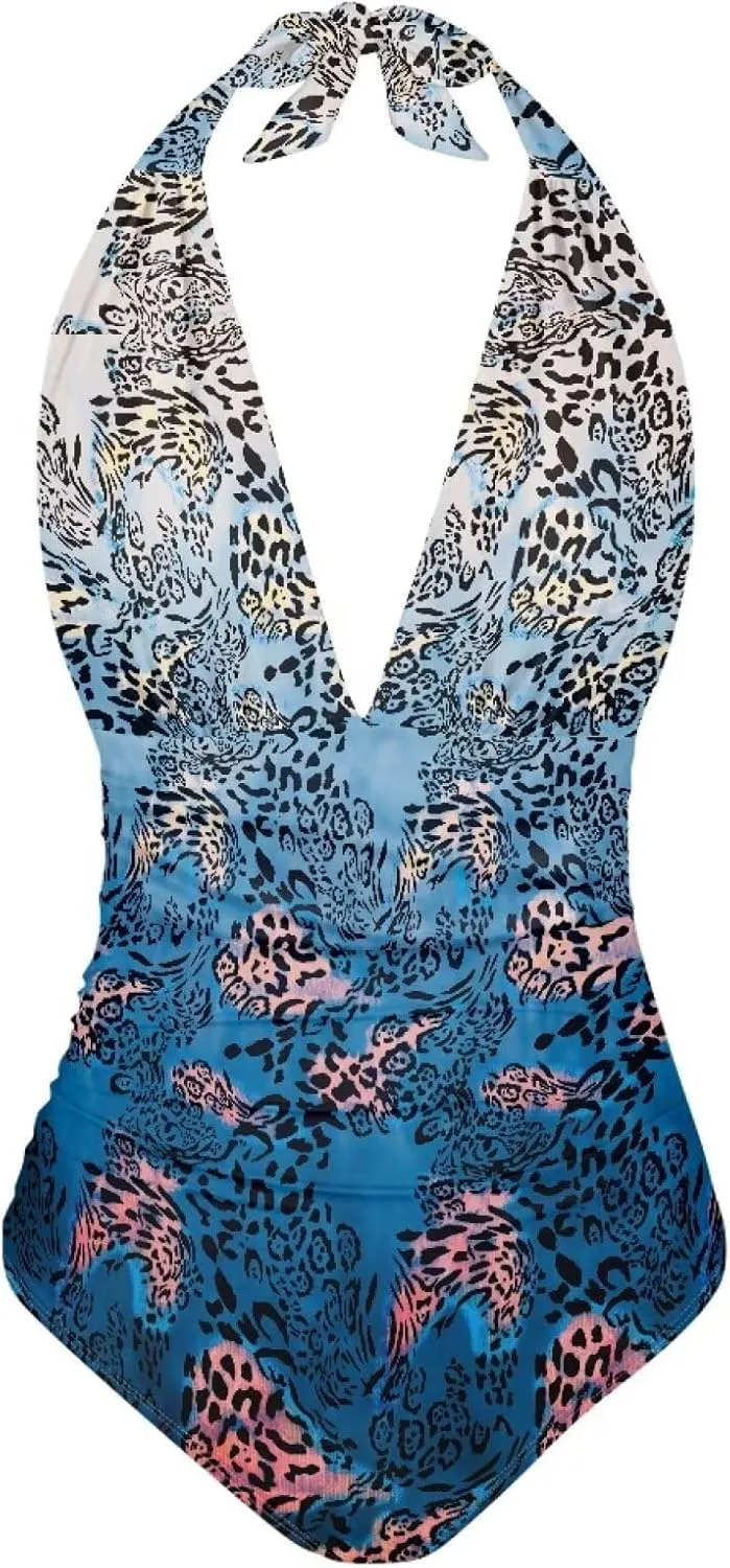 Women Tummy Control Bathing Suits Halter One Piece Swimsuits Push Up Bathingsuits Padded Swim Suits Leopard Print