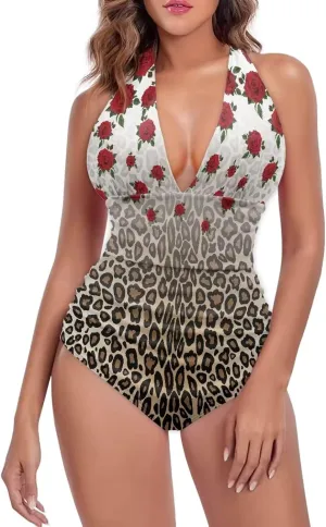 Women Tummy Control Bathing Suits Halter One Piece Swimsuits Push Up Bathingsuits Padded Swim Suits Leopard Print