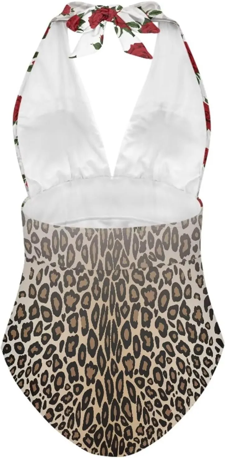 Women Tummy Control Bathing Suits Halter One Piece Swimsuits Push Up Bathingsuits Padded Swim Suits Leopard Print
