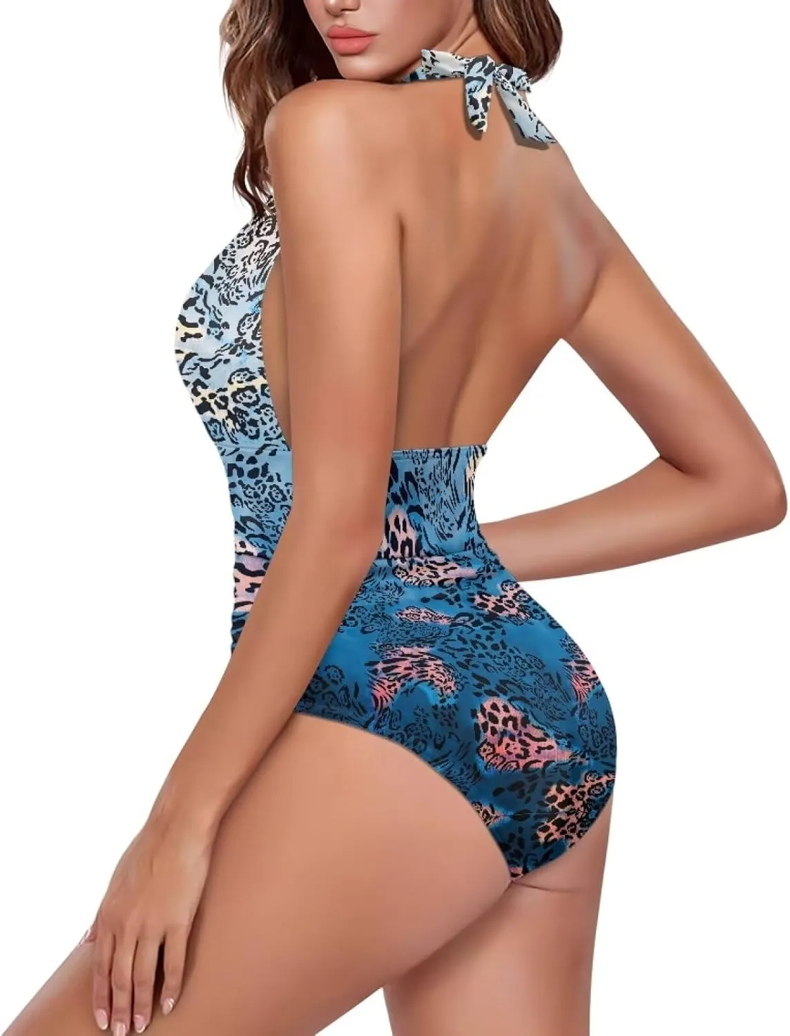 Women Tummy Control Bathing Suits Halter One Piece Swimsuits Push Up Bathingsuits Padded Swim Suits Leopard Print