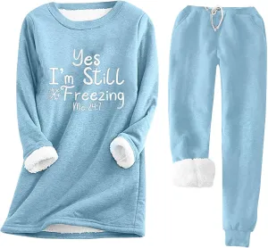 Women Warm Pajama Set Fleece Sherpa Lined Long Sleeve Tops and Sweat Pants Yes I'm Always Freezing Lounge Set