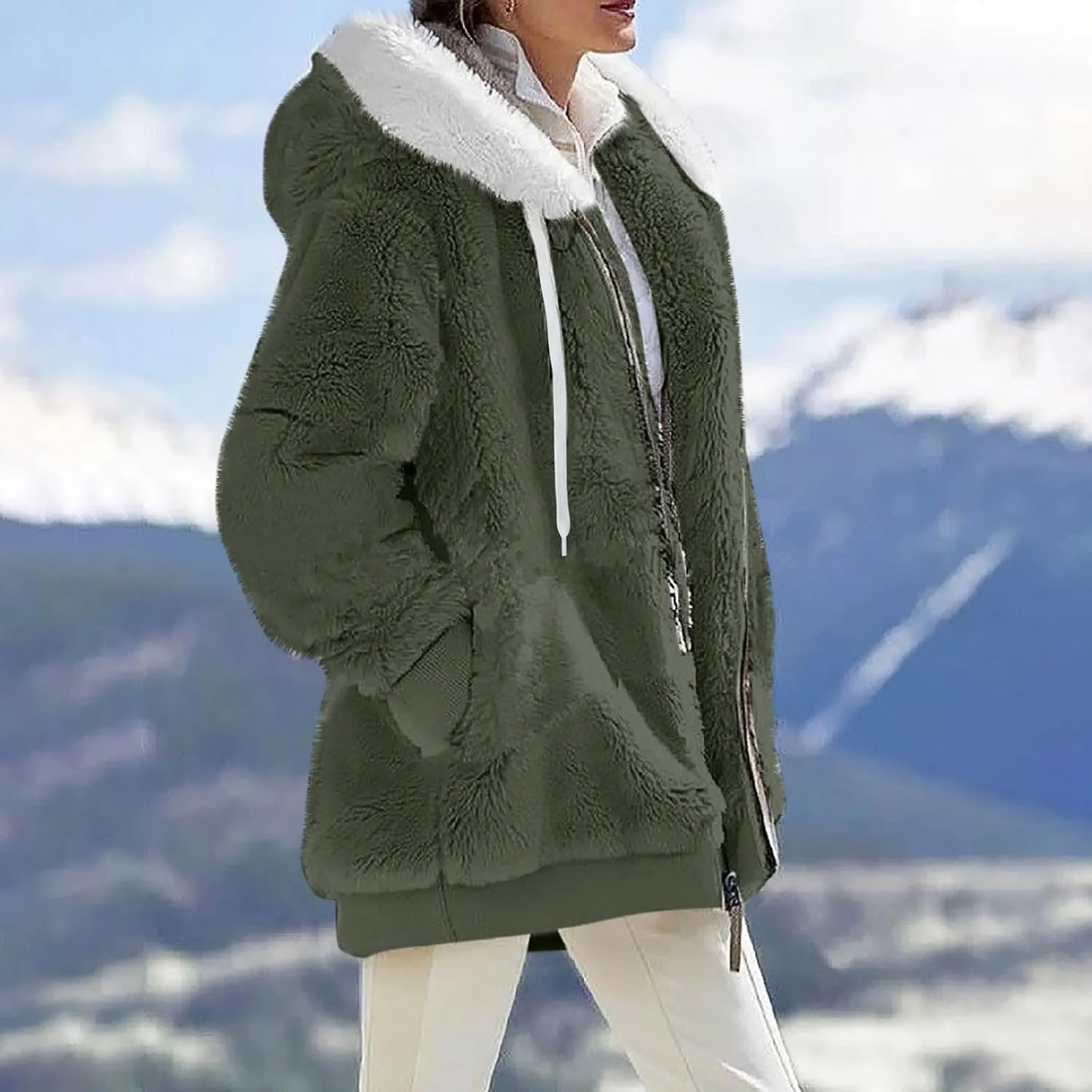 Women Winter Faux Fur Coat Trendy Long Sleeve Fuzzy Fleece Outerwear Zipper Sherpa Jackets with Hood Plus Size Tops