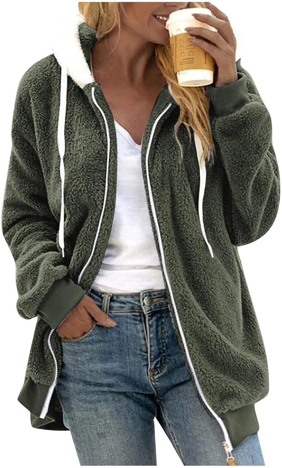 Women Winter Faux Fur Coat Trendy Long Sleeve Fuzzy Fleece Outerwear Zipper Sherpa Jackets with Hood Plus Size Tops