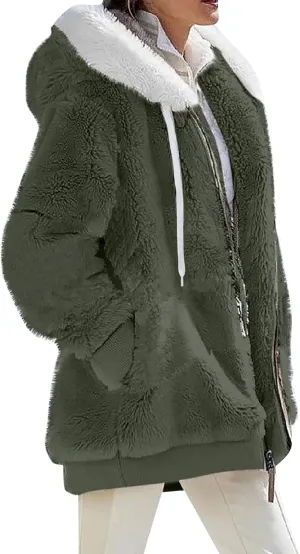 Women Winter Faux Fur Coat Trendy Long Sleeve Fuzzy Fleece Outerwear Zipper Sherpa Jackets with Hood Plus Size Tops